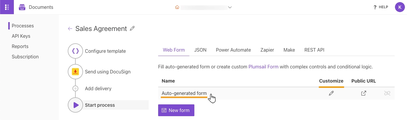 Start process step with default data collection form