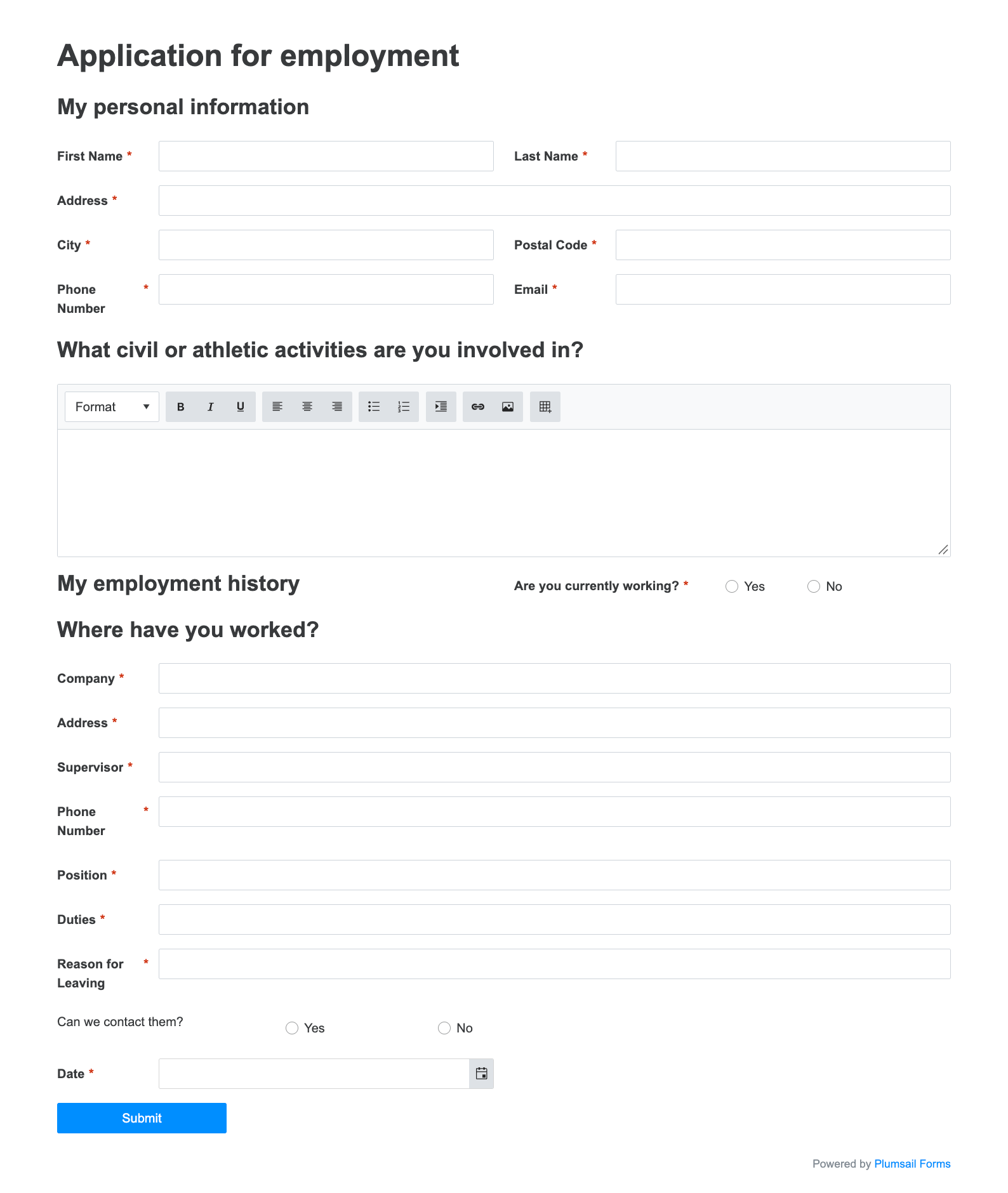 Plumsail Forms employment application web form