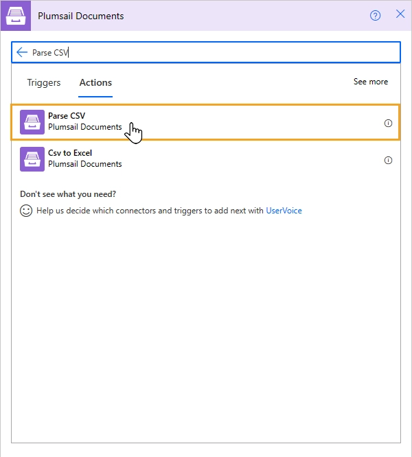 Parse CSV action