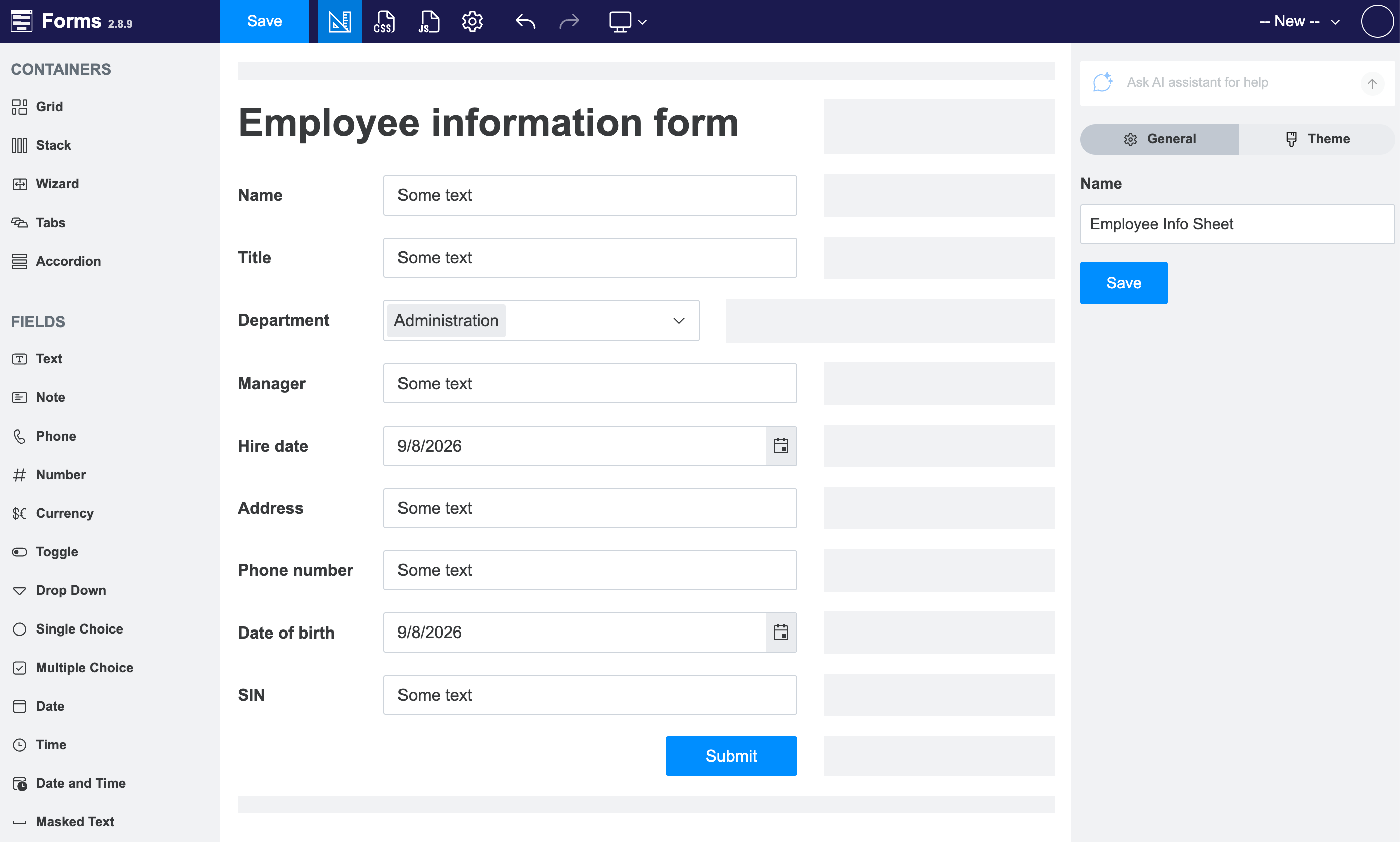 Plumsail Web Form for collecting employee information