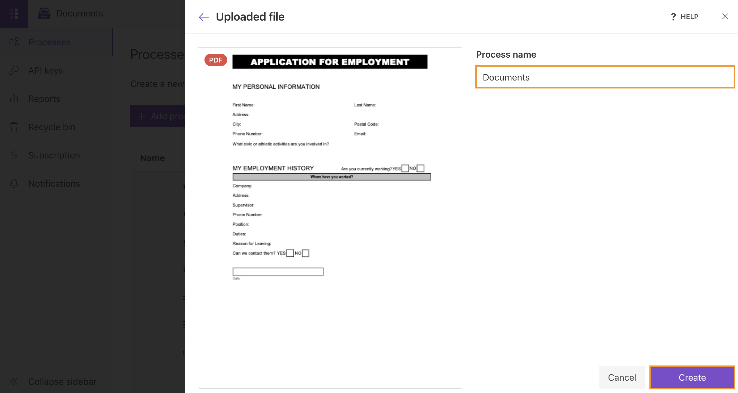 Create process for populating a fillable PDF template