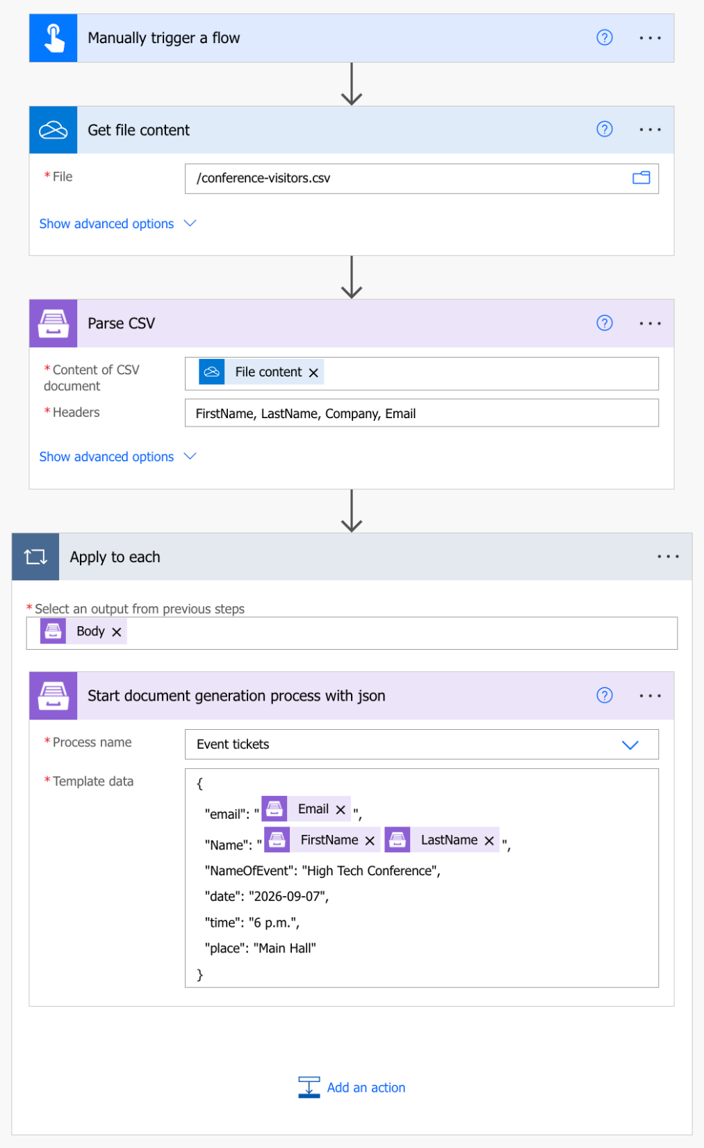 Power Automate flow for generating PDF tickets from CSV data