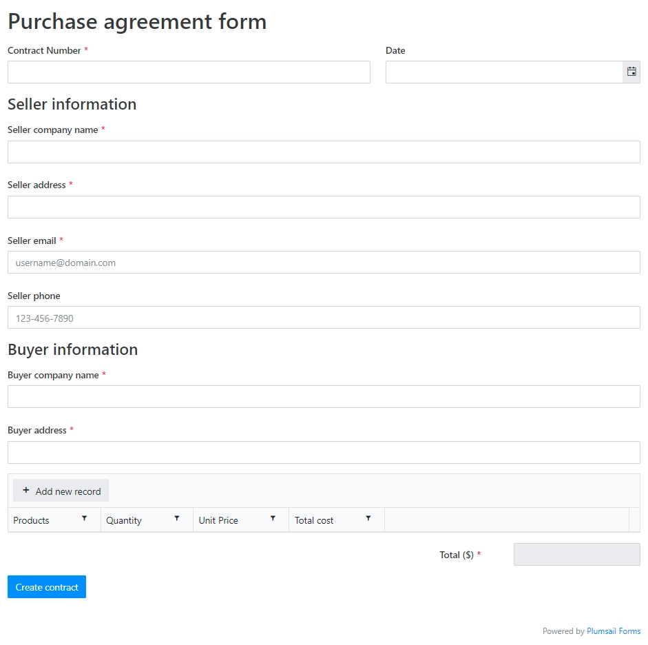 Web form for sales contracts
