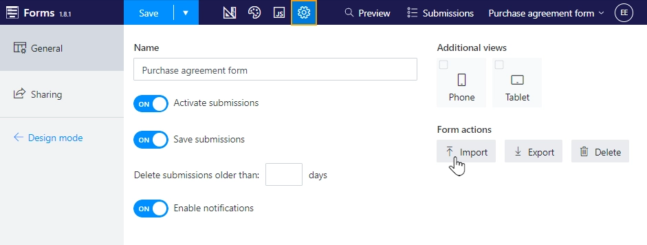 Import form to web designer