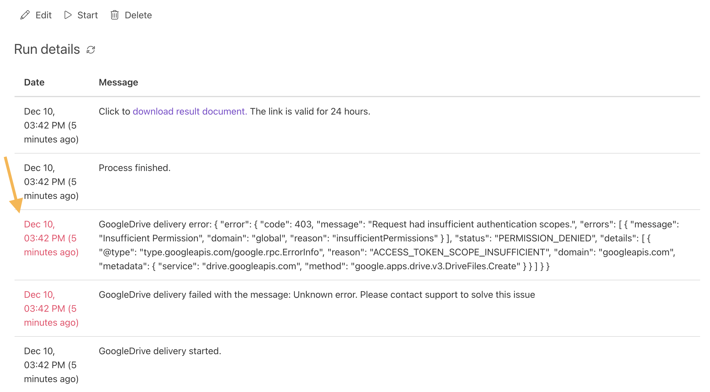 Failed process run details