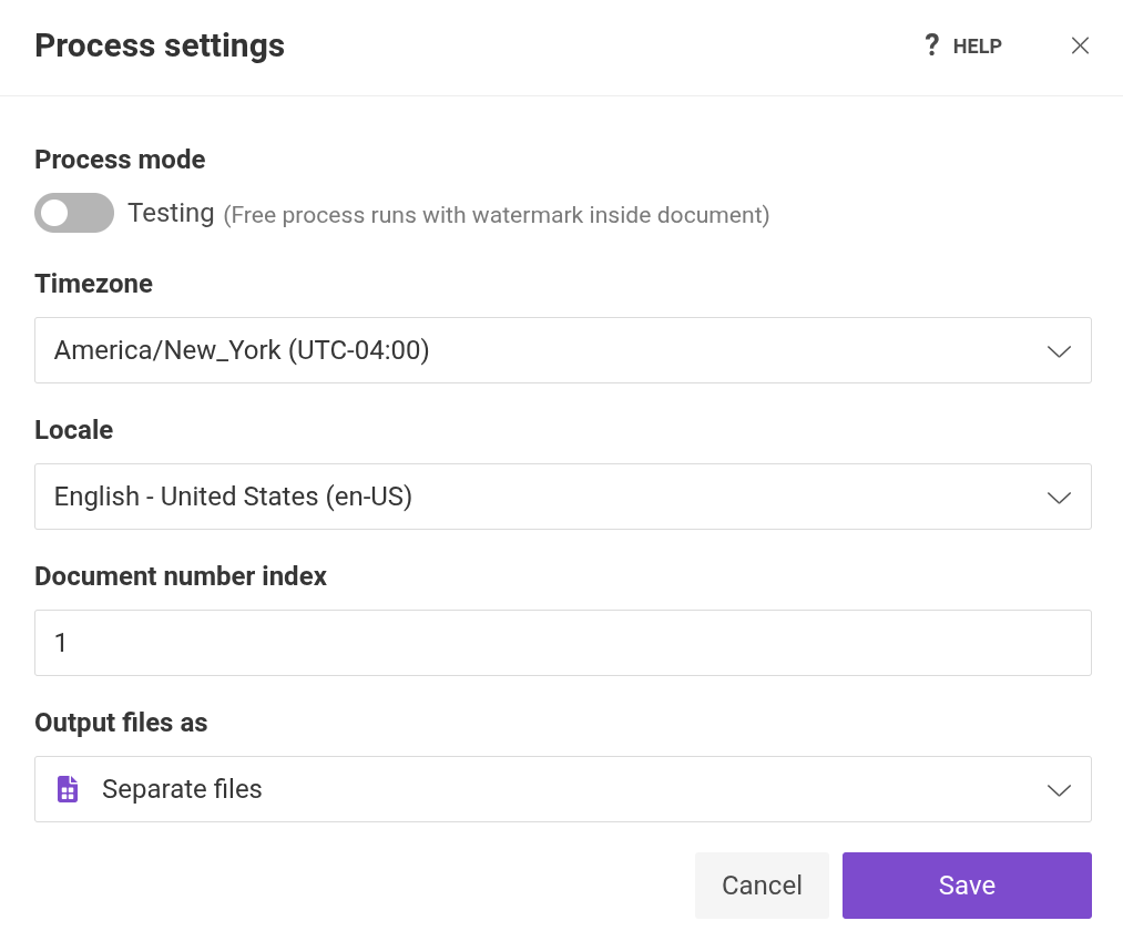 Process settings dialog