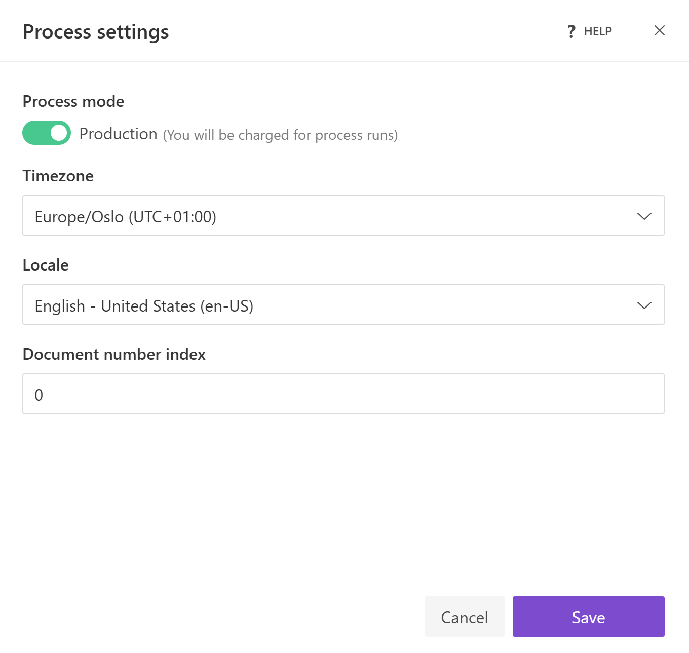 Process settings dialog