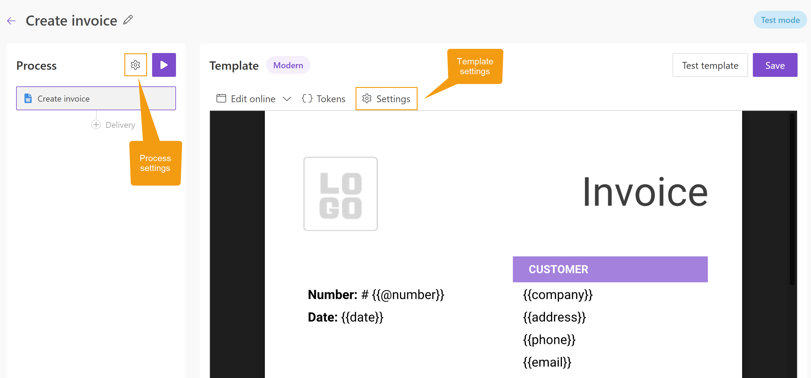 Process and template settings buttons