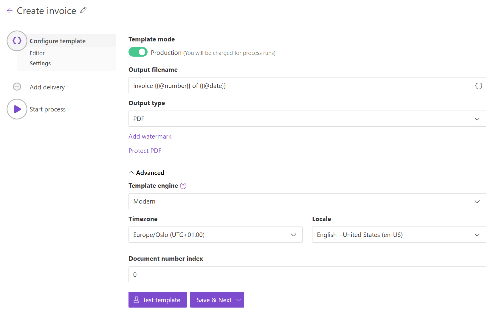 Settings of template substep