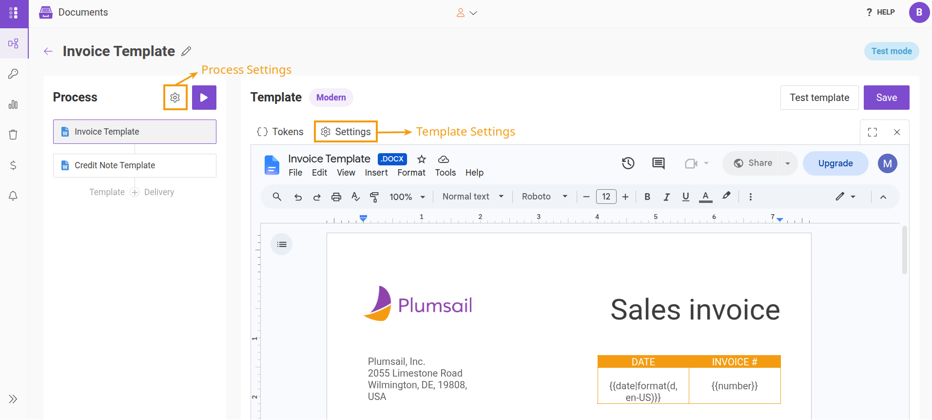 Process and template settings buttons