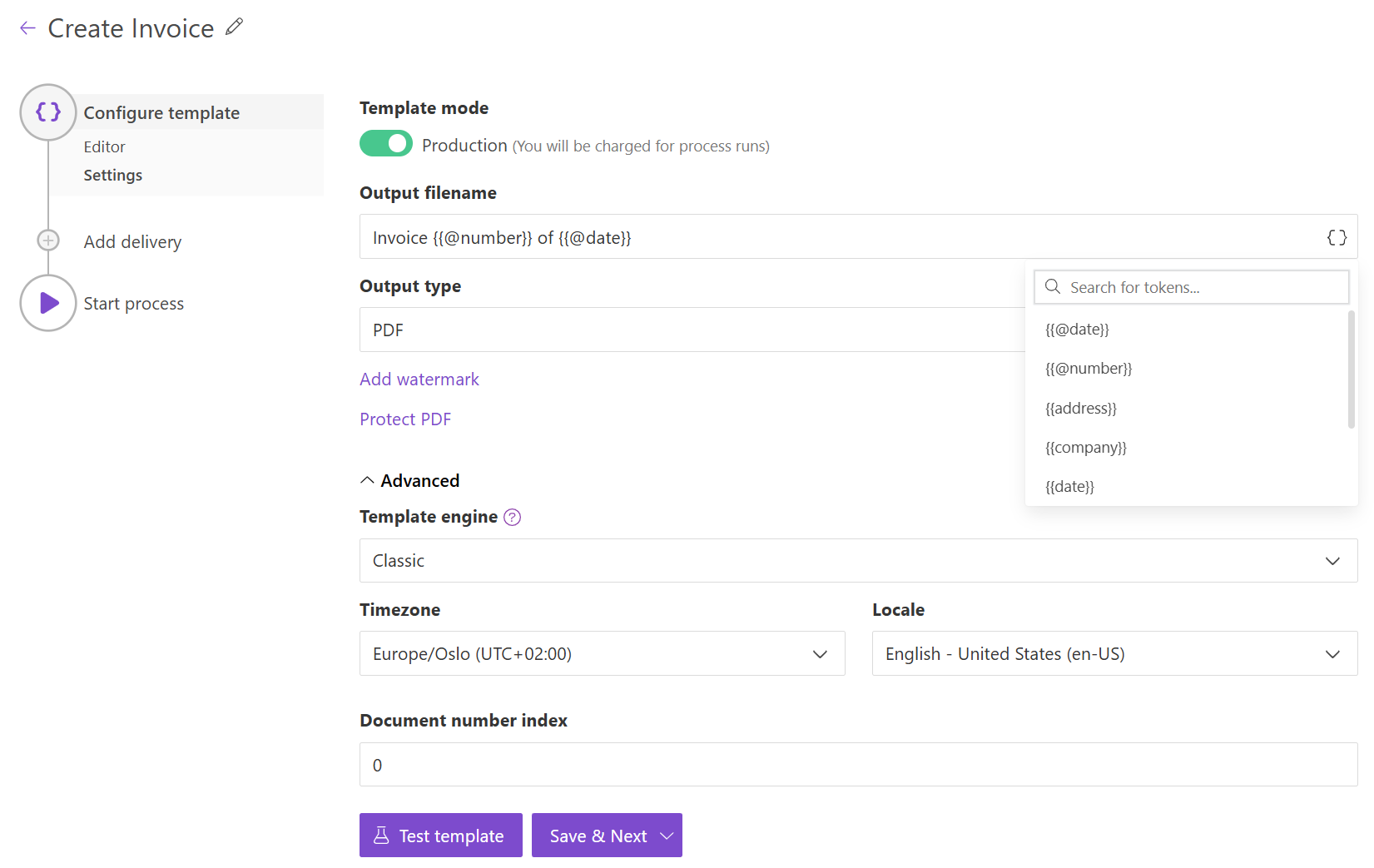 Settings of template substep