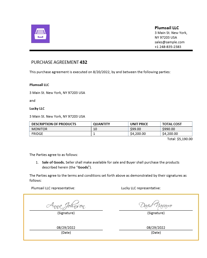 The contract signed with signNow