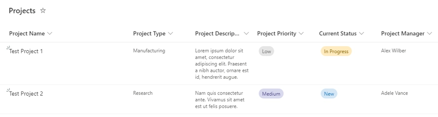 Projects - SharePoint list