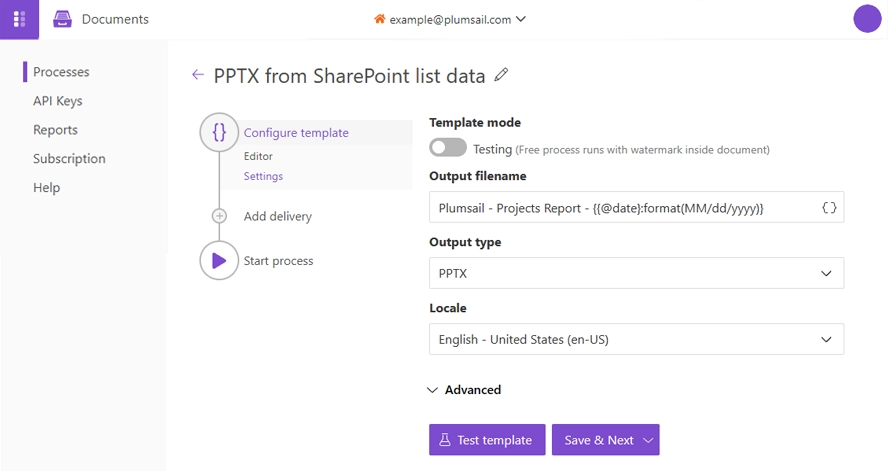 Template settings substep