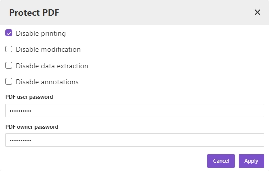 Protect PDF dialog