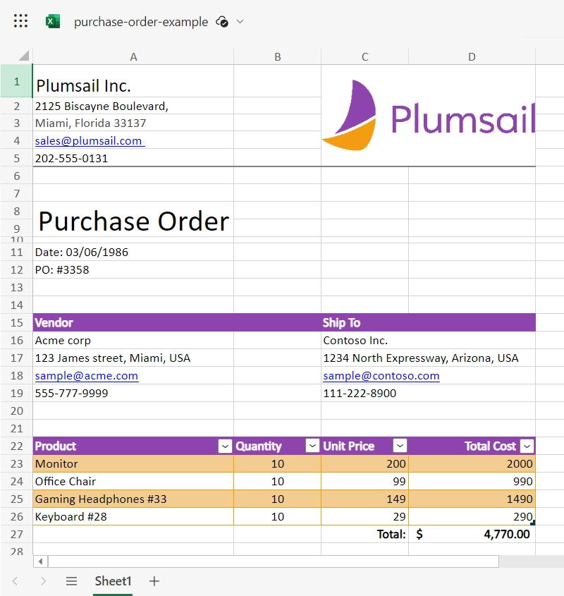 Excel sample to convert to PDF