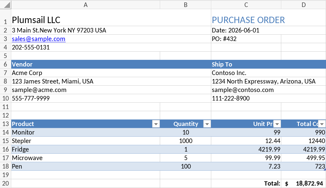 Generated purchase order workbook populated with vendor, shipping, and product data