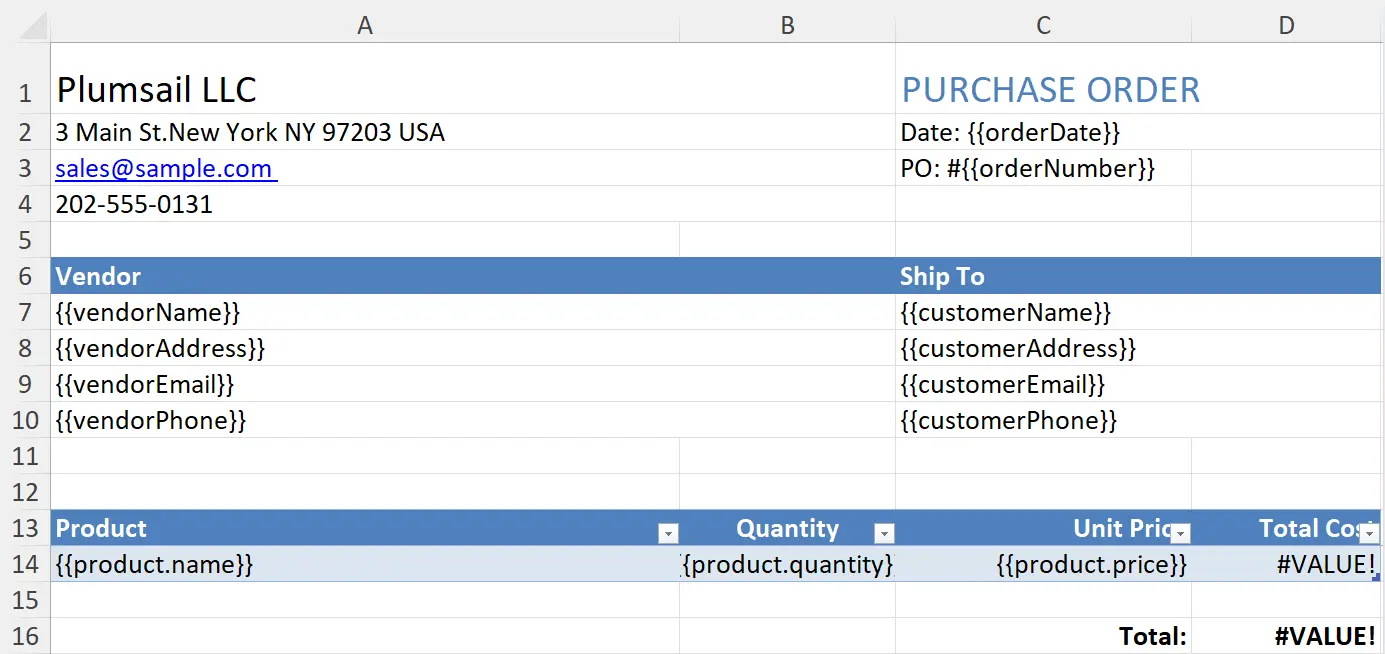 download purchase order XLSX template