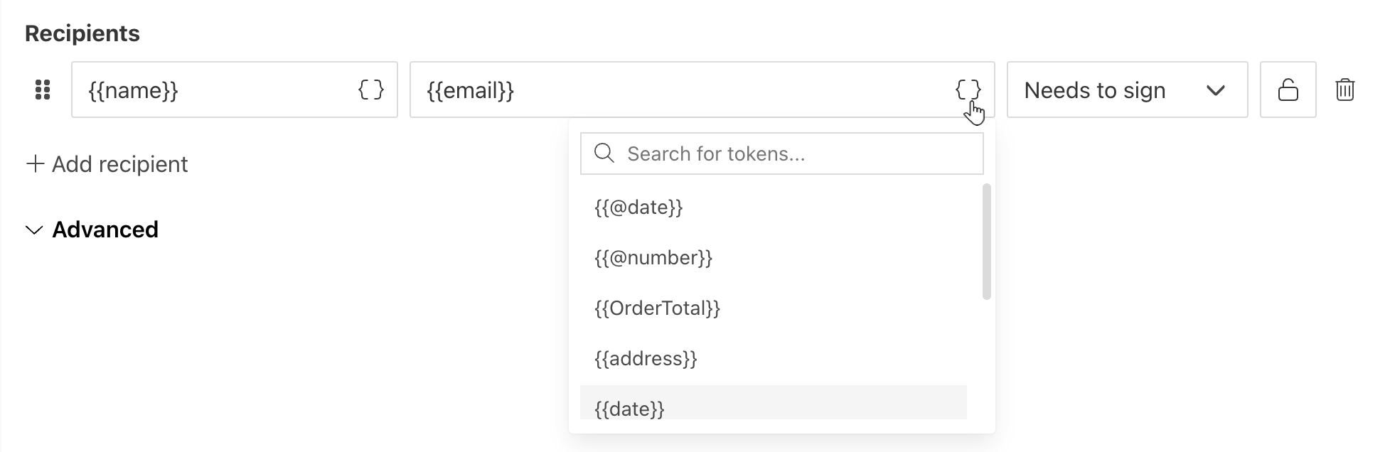 Tokens inside DocuSign recipients