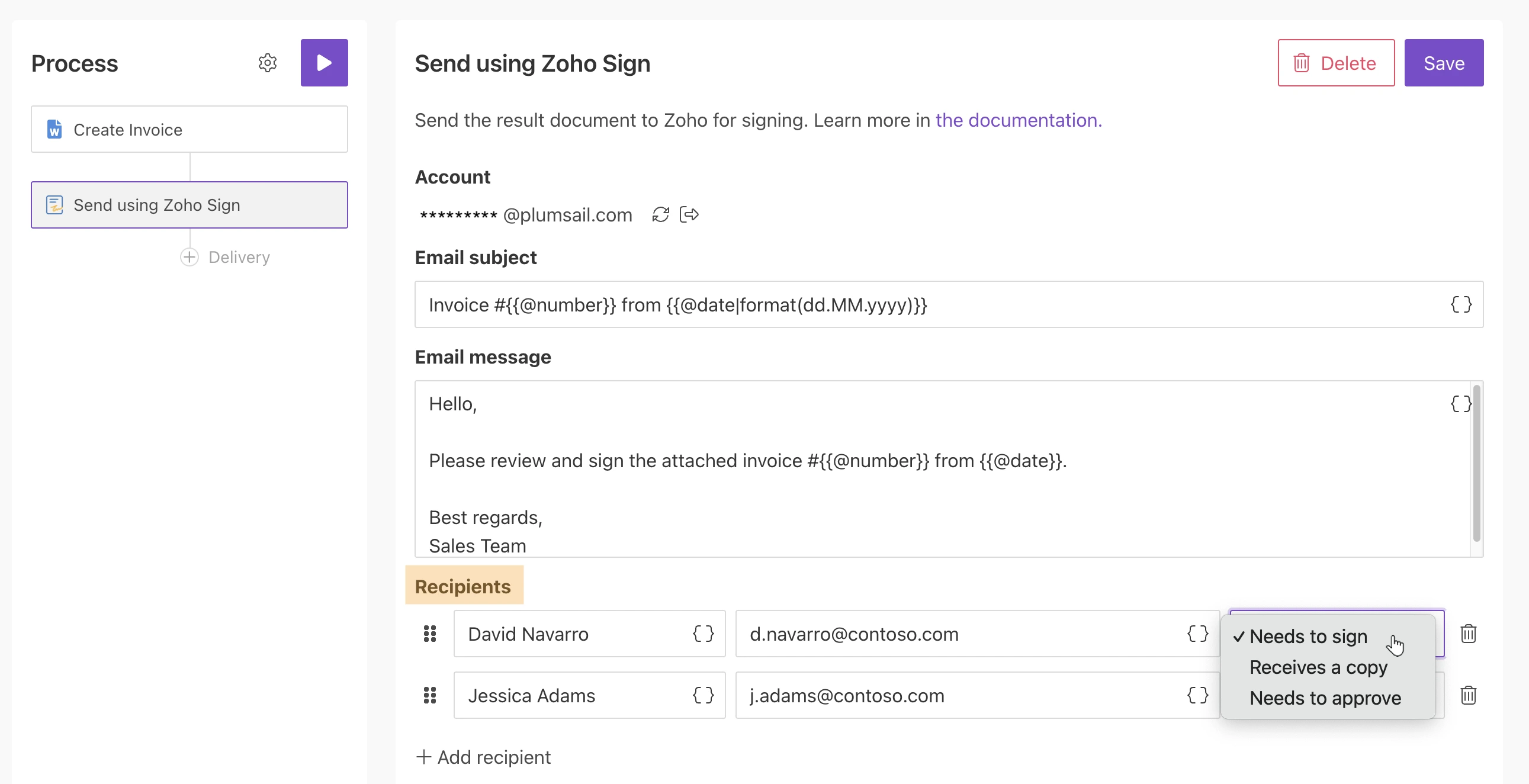 Roles of recipients in Zoho Sign delivery