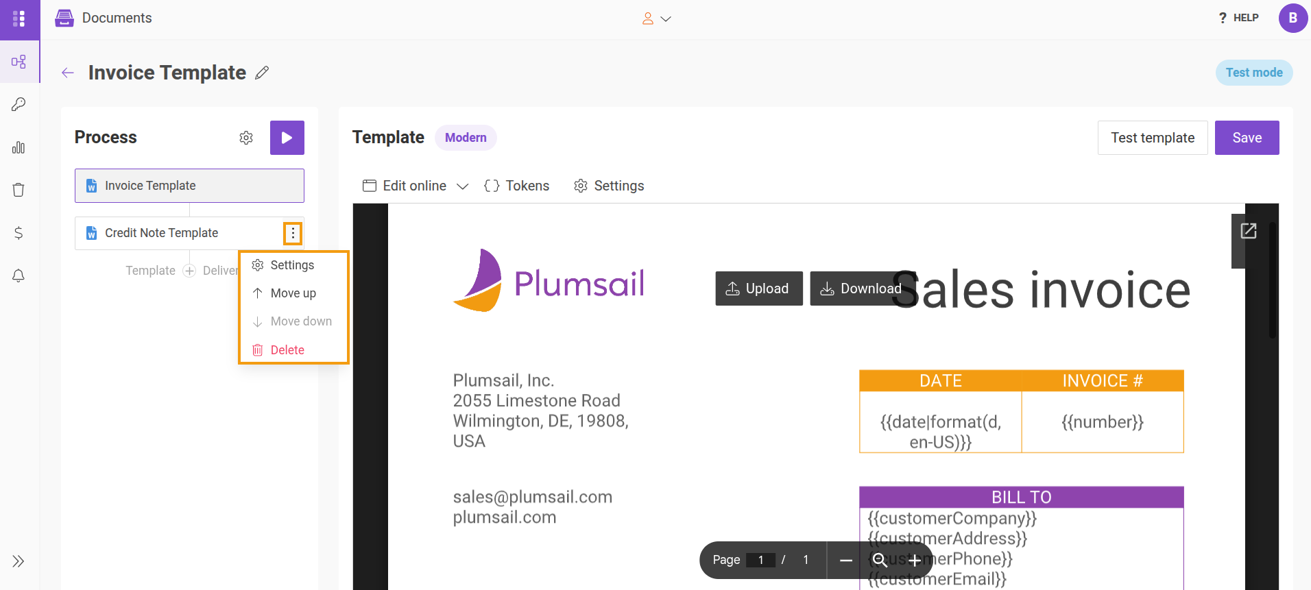 Settings to add, reorder and remove templates within the process