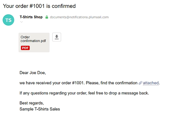 email notification with shopify order confirmation attached