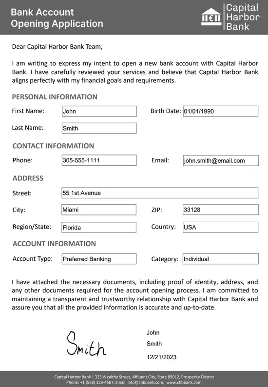 Bank account opening application with signature