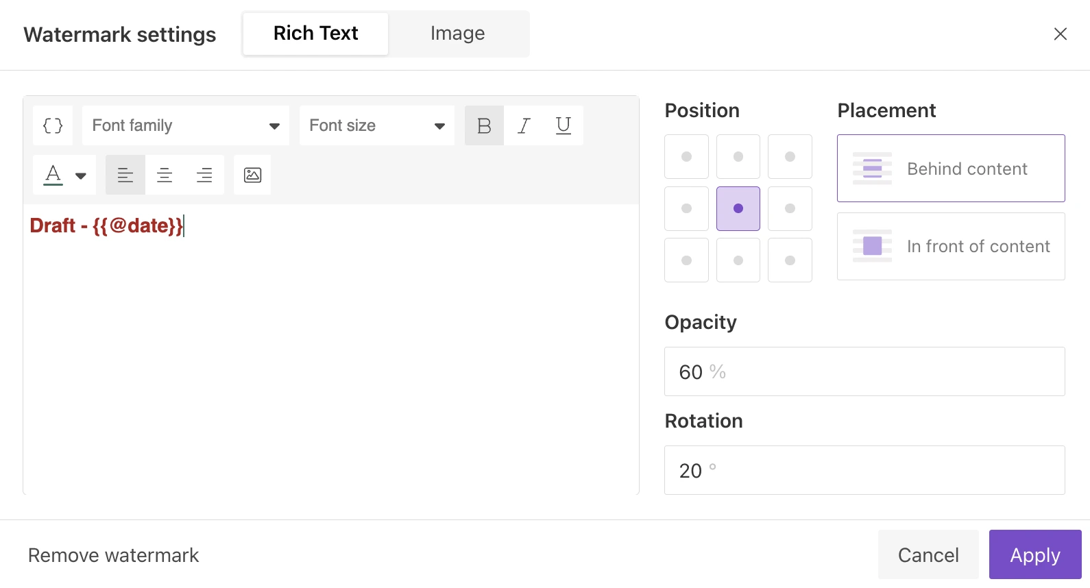Rich text watermark settings