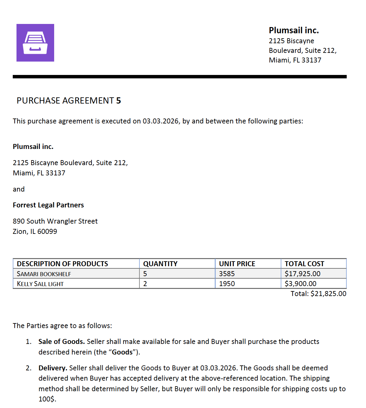 Purchase agreement result