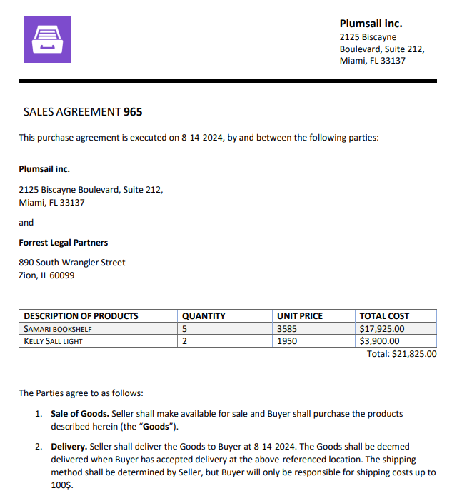 Sales agreement result