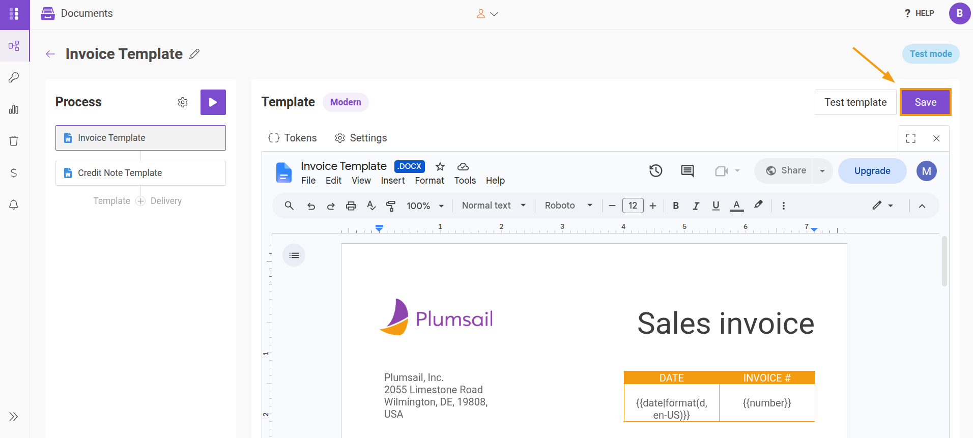 Save template button in Online editor