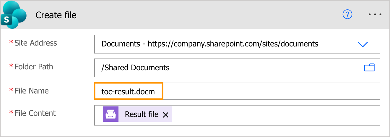 Power Automate action saving the generated document with the DOCM extension