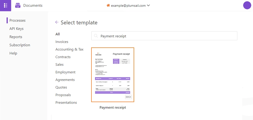 Select a ready-to-use payment receipt template in the library