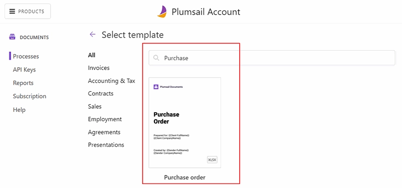 select purchase order template from document templates library