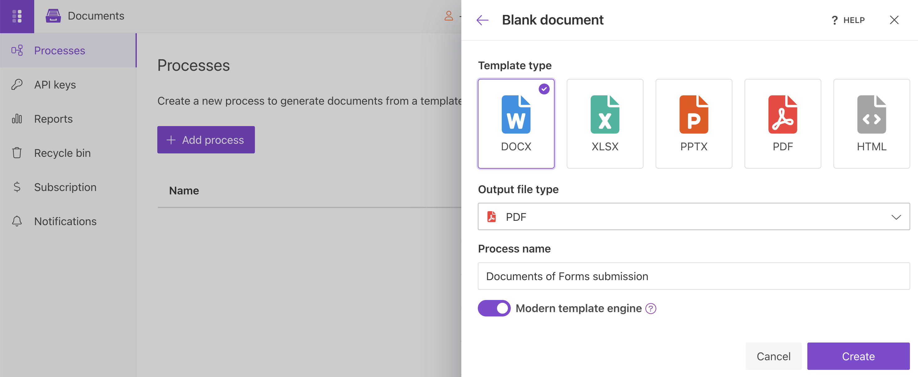 Select DOCX as the template type for the document process