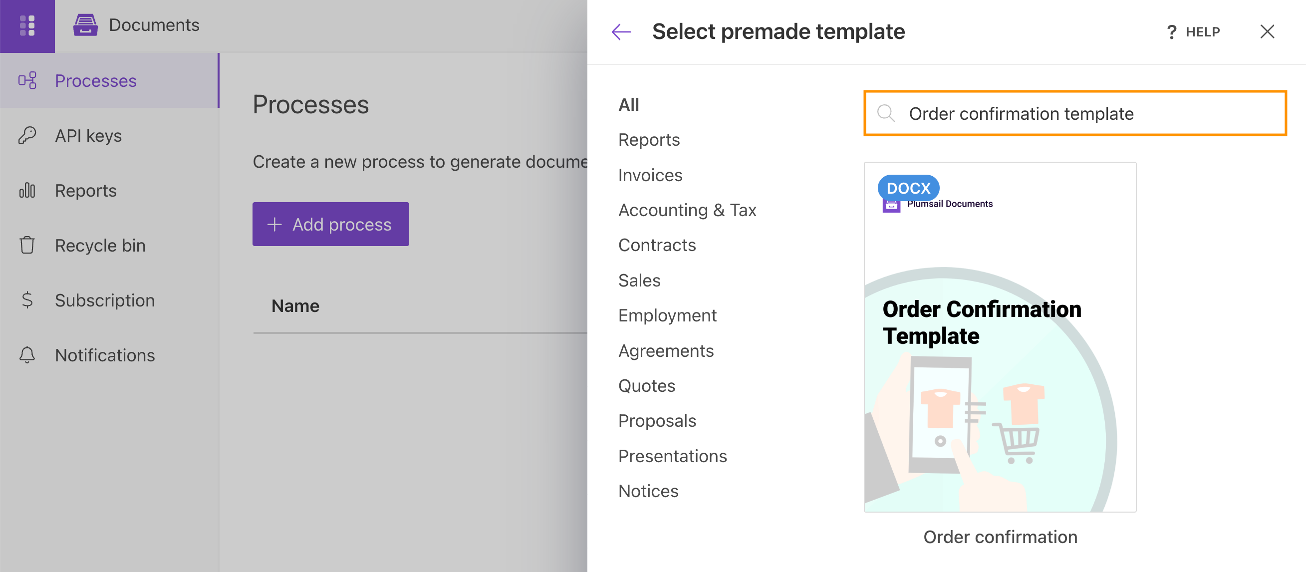 Order confirmation template selected from the Plumsail Documents template library