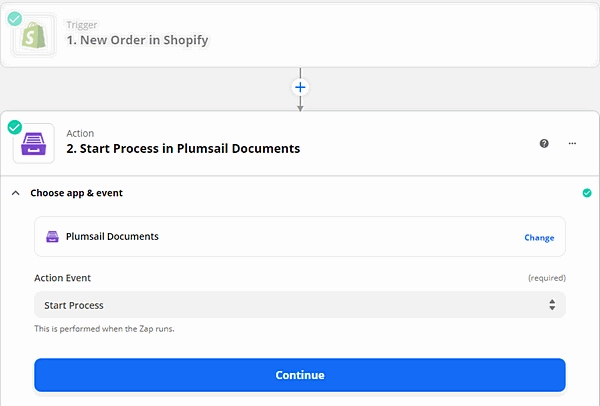 Plumsail Documents Start process action selected in Zapier