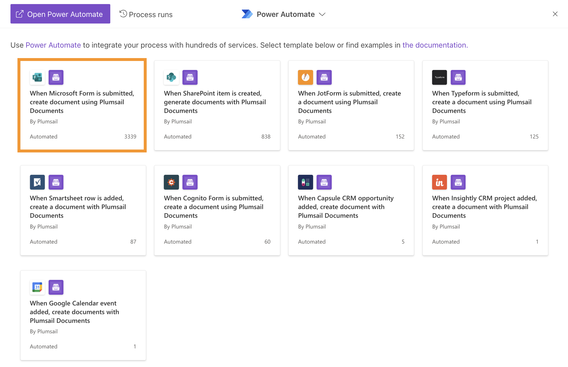Select PowerAutomate template
