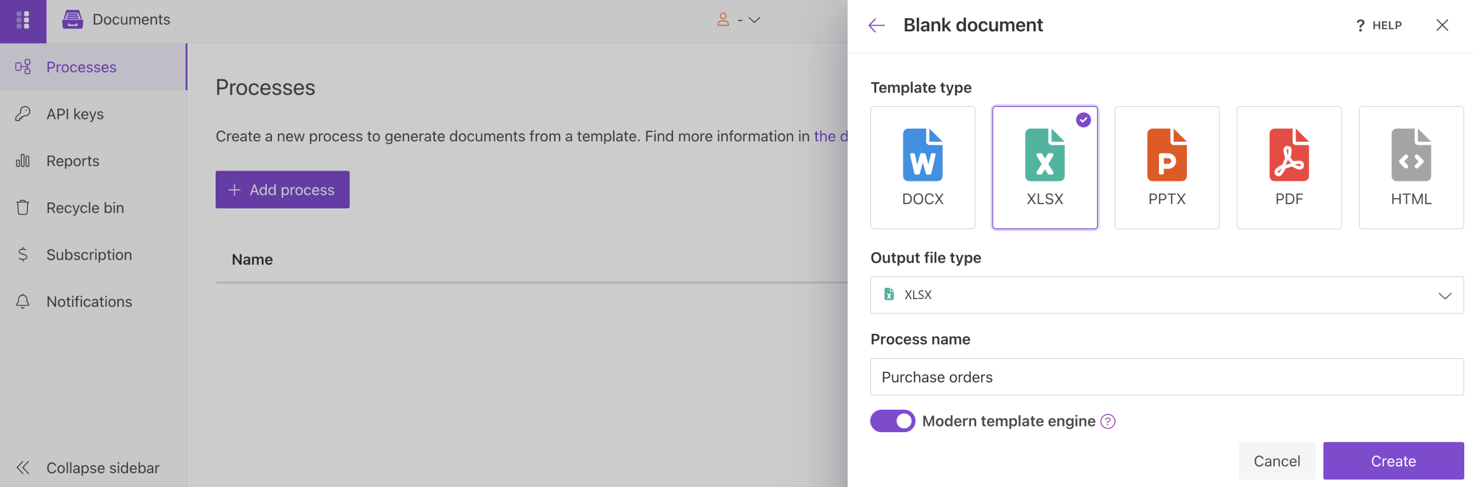 Select XLSX as the template type