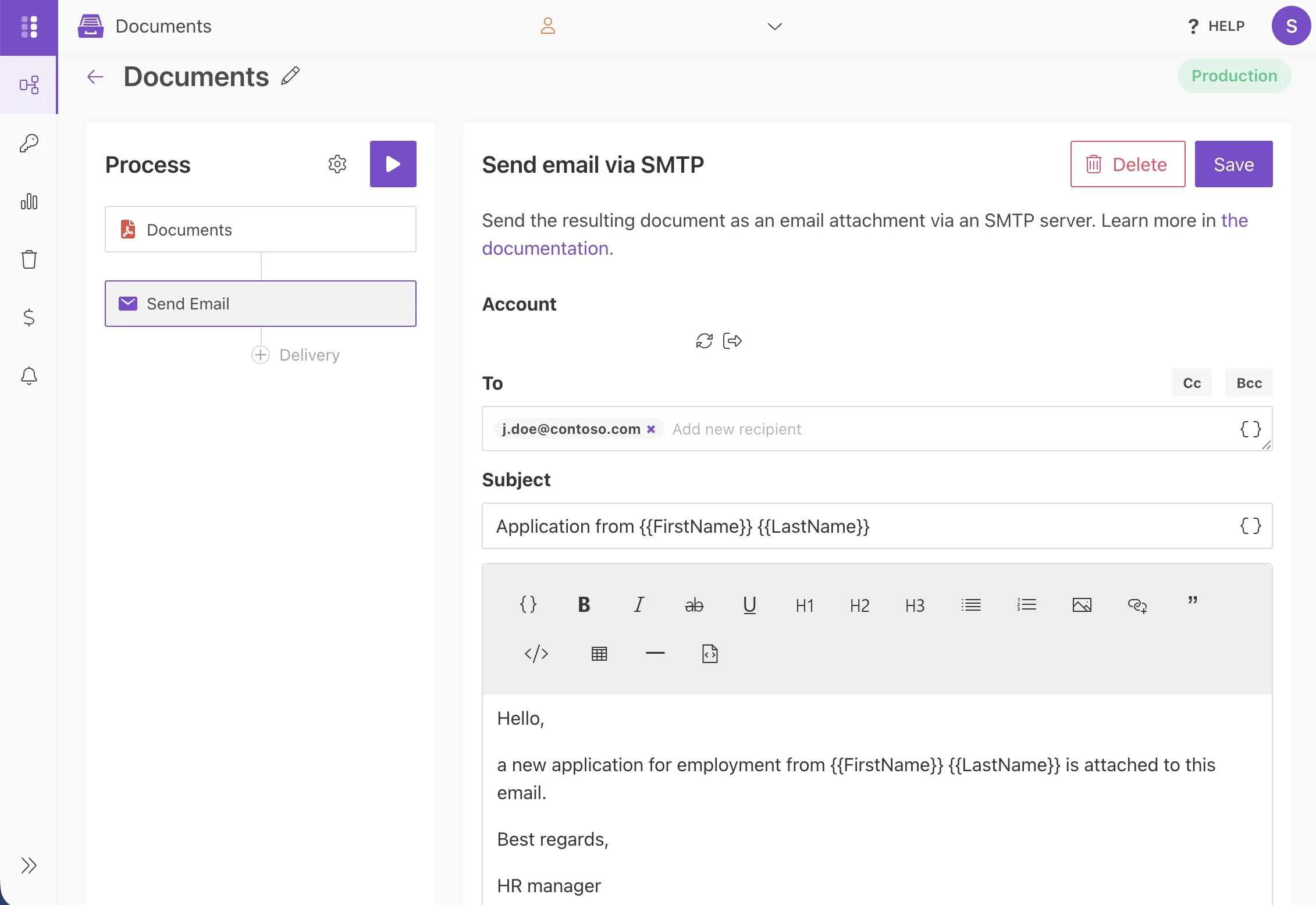 Email delivery settings for the populated PDF document