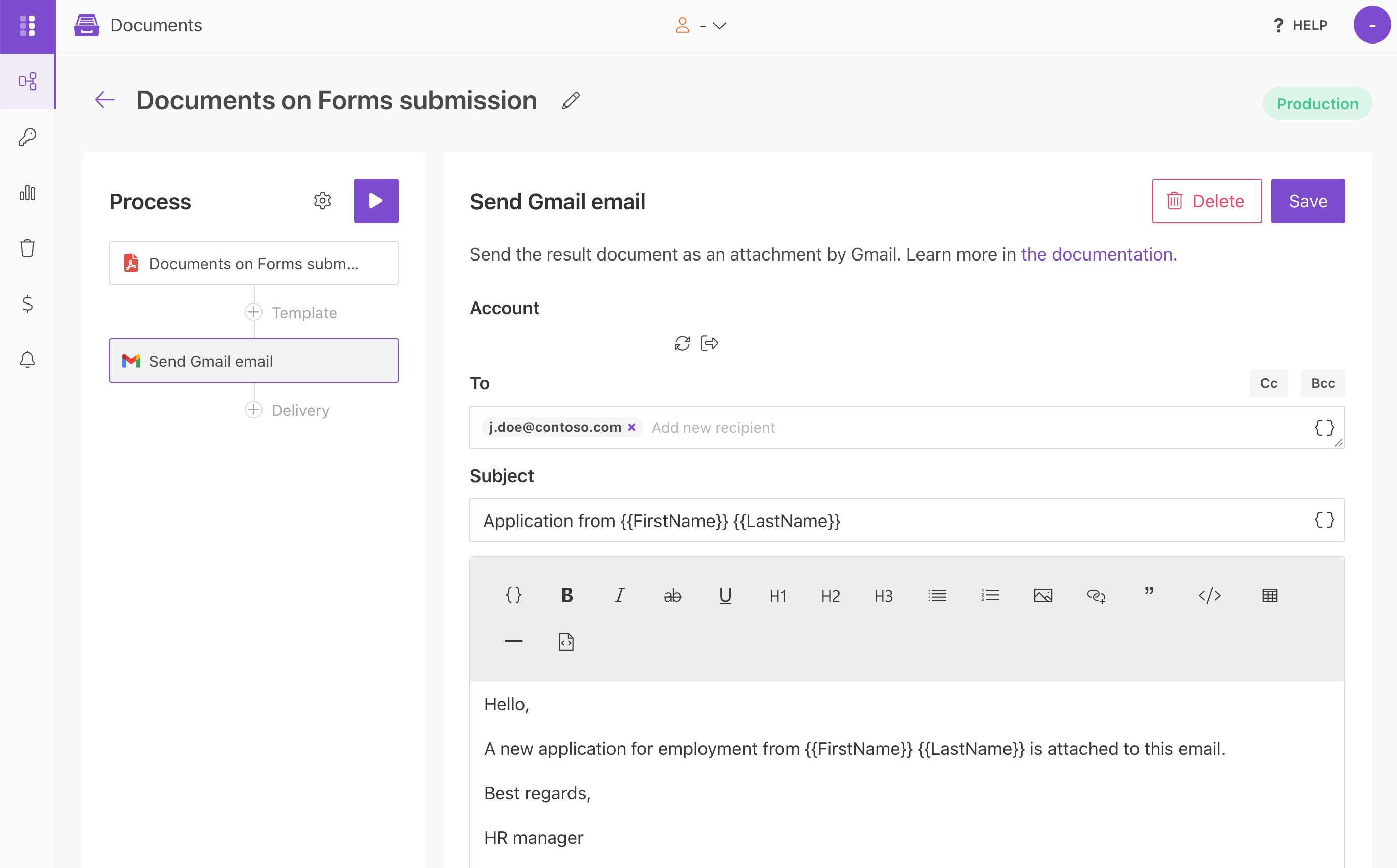 Gmail delivery settings for a fillable PDF document in Plumsail Documents