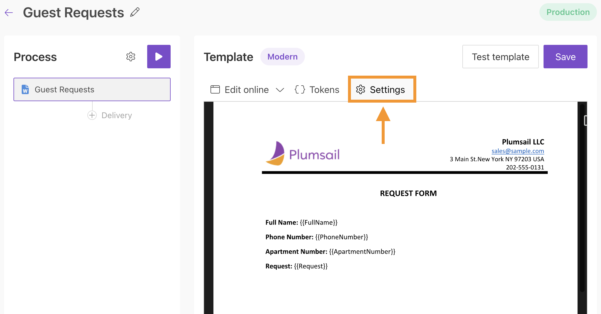 Open template settings