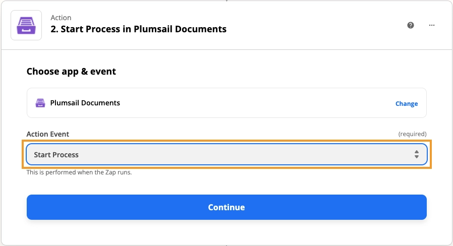 Select "Start Process" Action Event