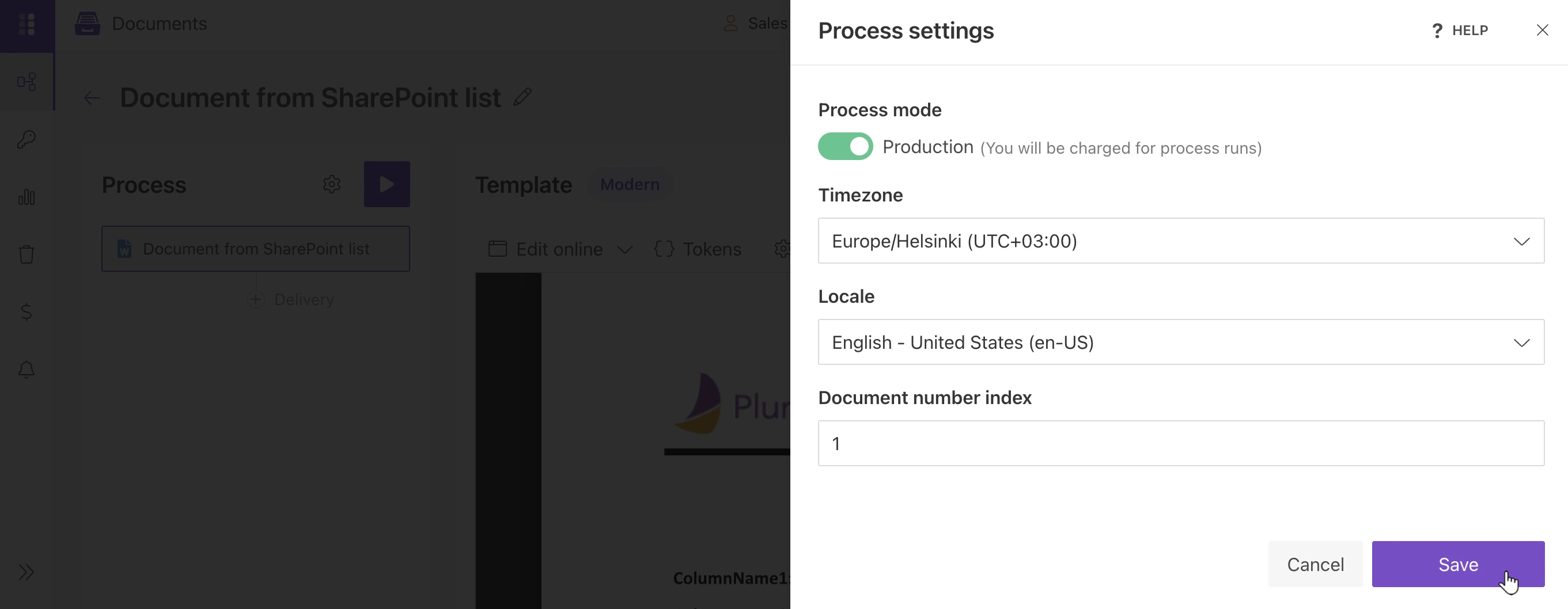 Process settings for SharePoint list process