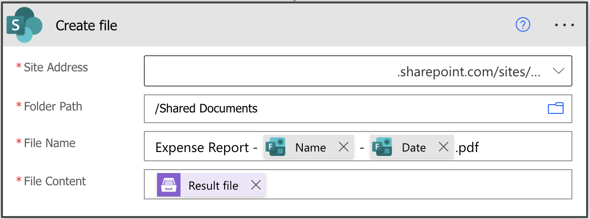 SharePoint Create file action