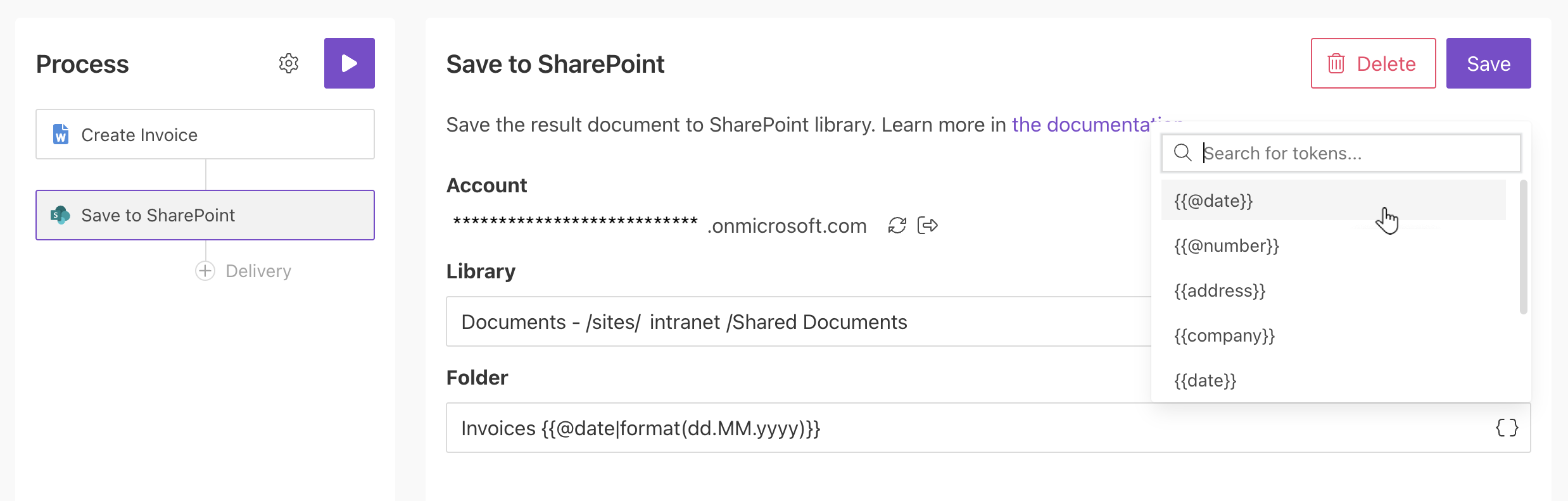 Fill in SharePoint delivery settings