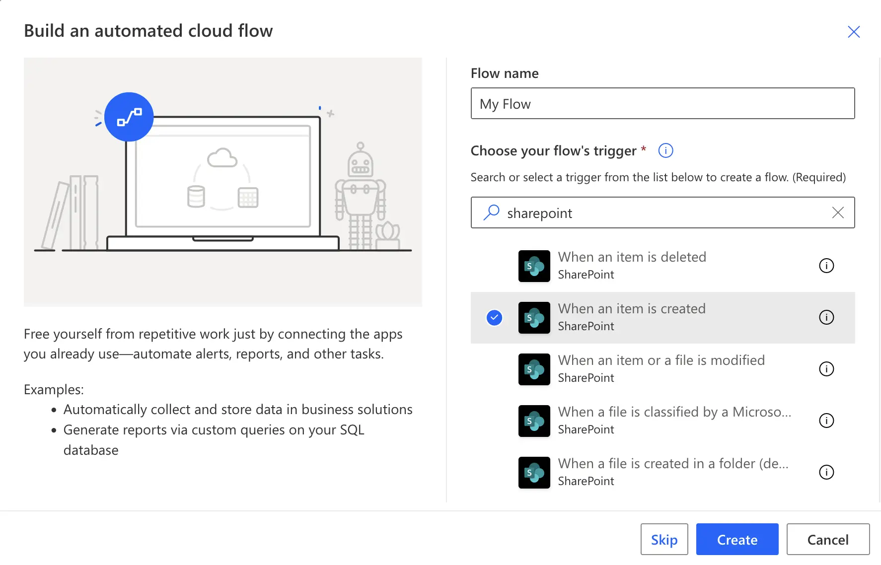 Select flow trigger for SharePoint list processes