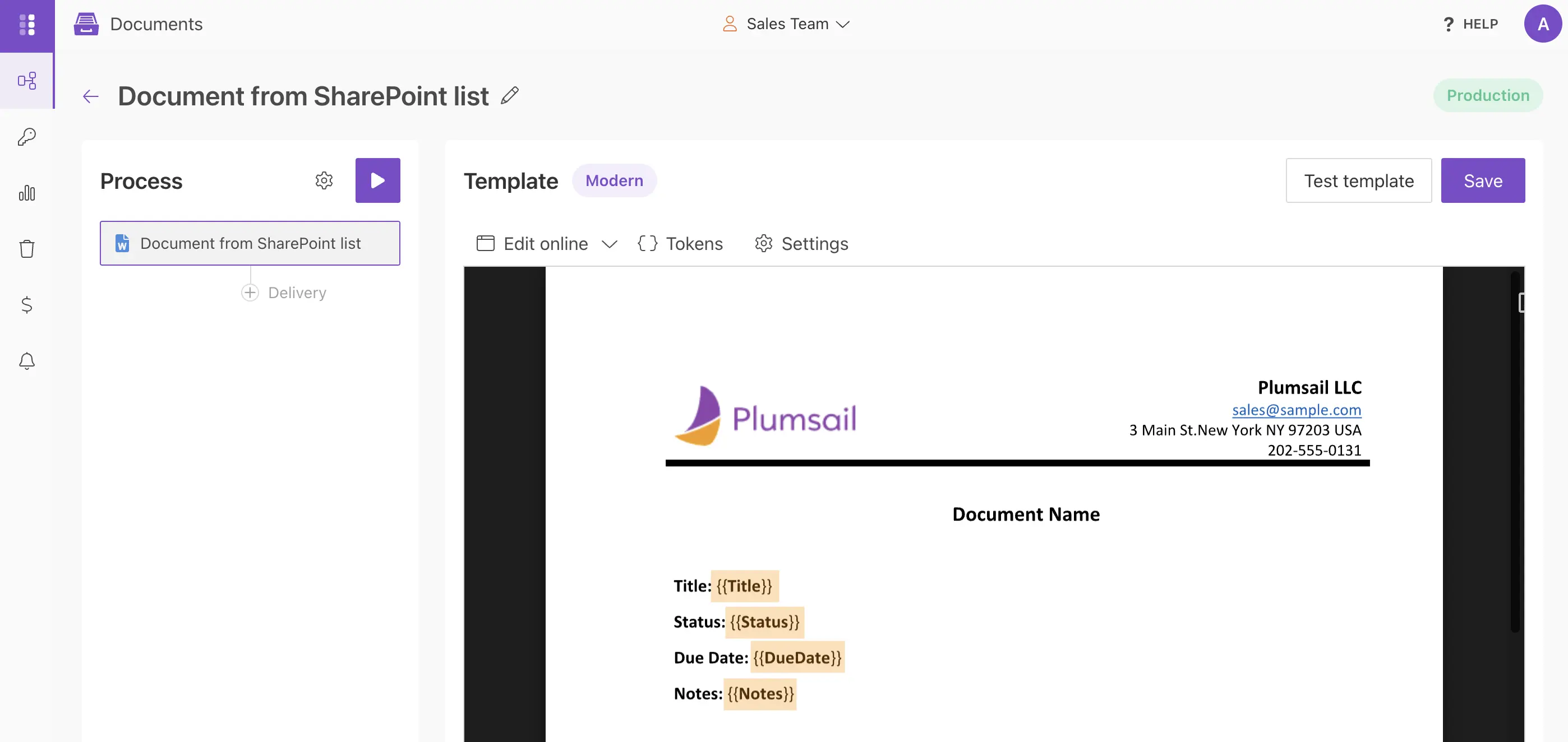 Tokens in the template for SharePoint list processes example