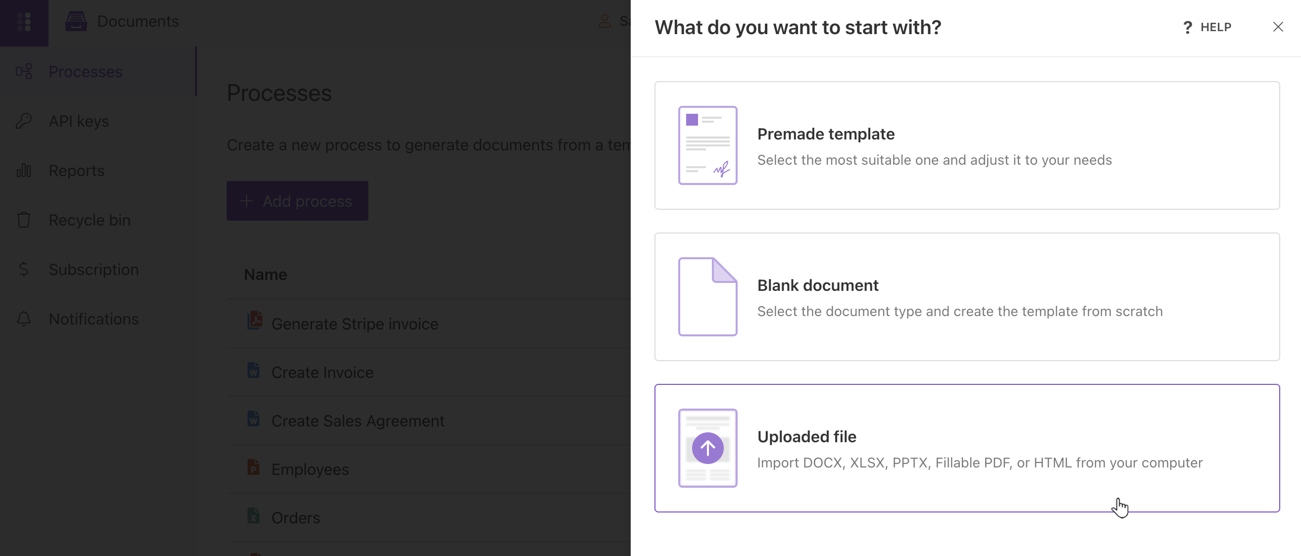 Select uploaded file as template type for SharePoint list processes