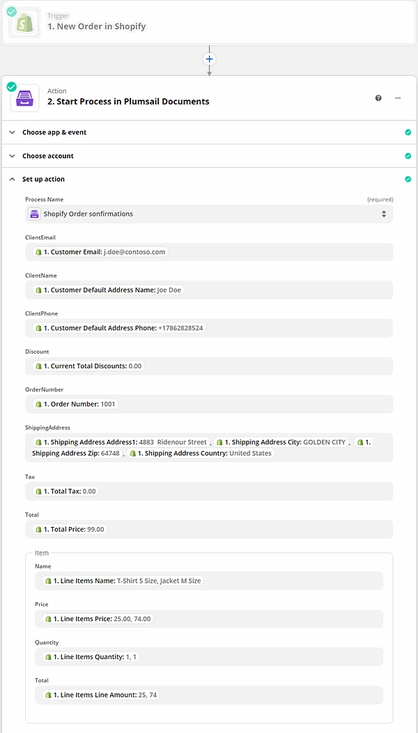 Zapier workflow that starts a Plumsail Documents process when a new Shopify order is placed